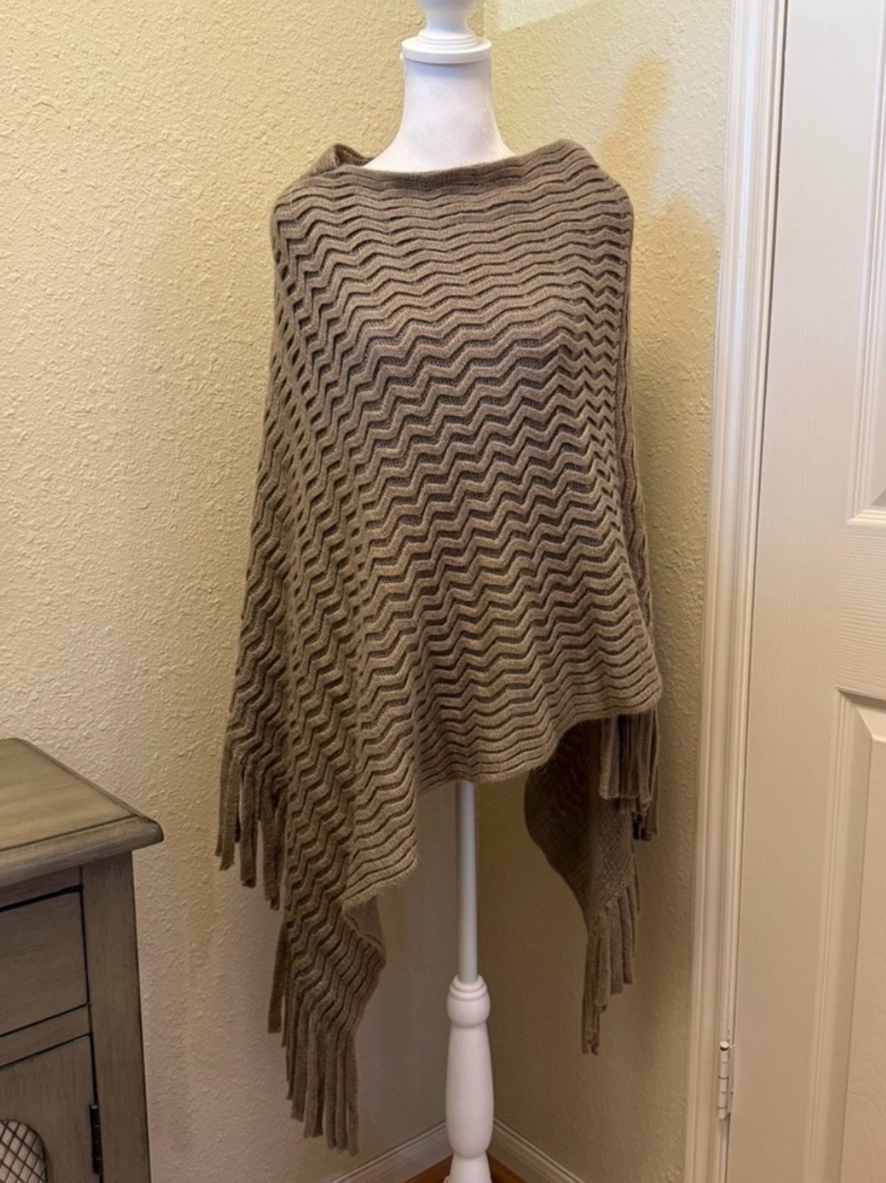 Wholesale Women's Boho Mushroom Brown Double-Weave Soft Knit Fringe Poncho OS